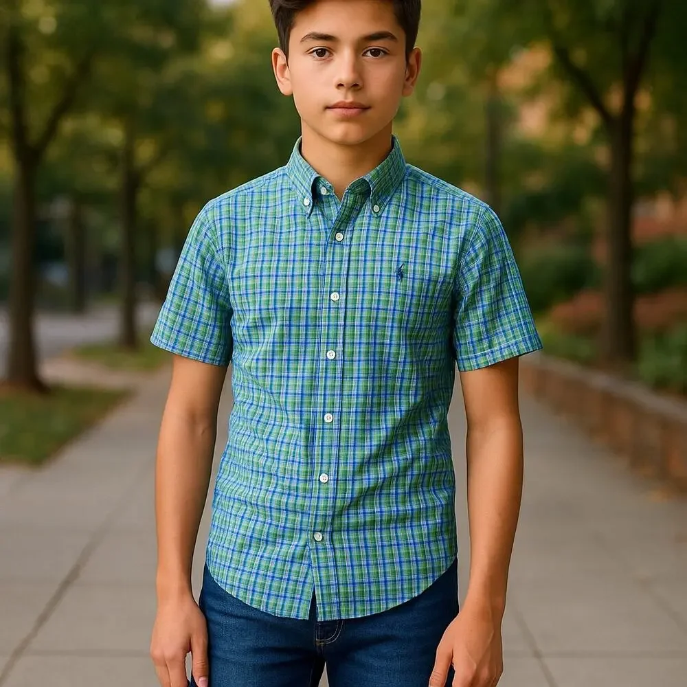 Ralph Lauren Boys Shirt Size M 10 12 Green Blue White‎ Pink Plaid Short Sleeve